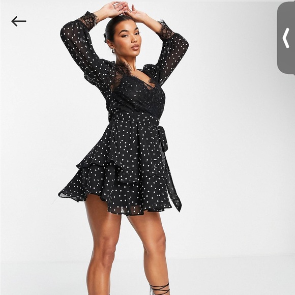 ASOS DESIGN soft mini skater dress in polka dot with eyelash lace details - Picture 2 of 5